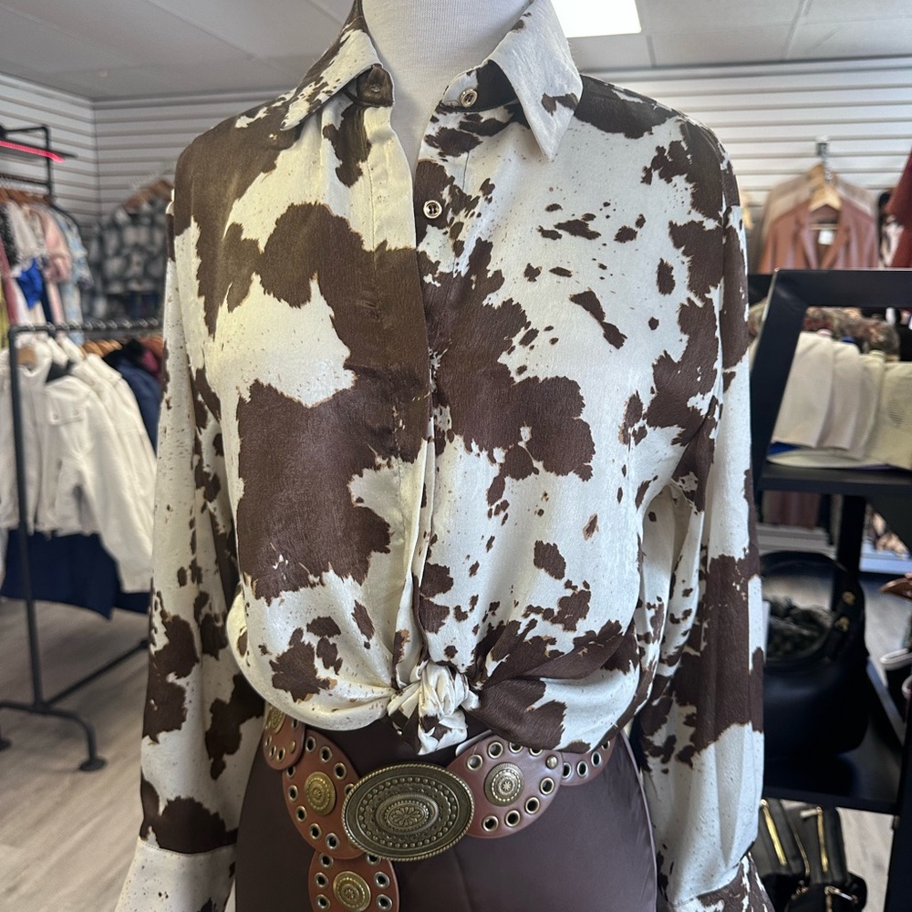 Cow Print Button-Up Blouse in Cream & Brown